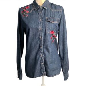 Workshop Republic Clothing Blue Denim Shirt Red Floral Embroidery Sz M